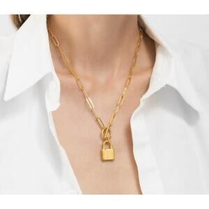 14k Yellow Gold Coins Plated Lock Paper Clip Chain Toggle Necklace